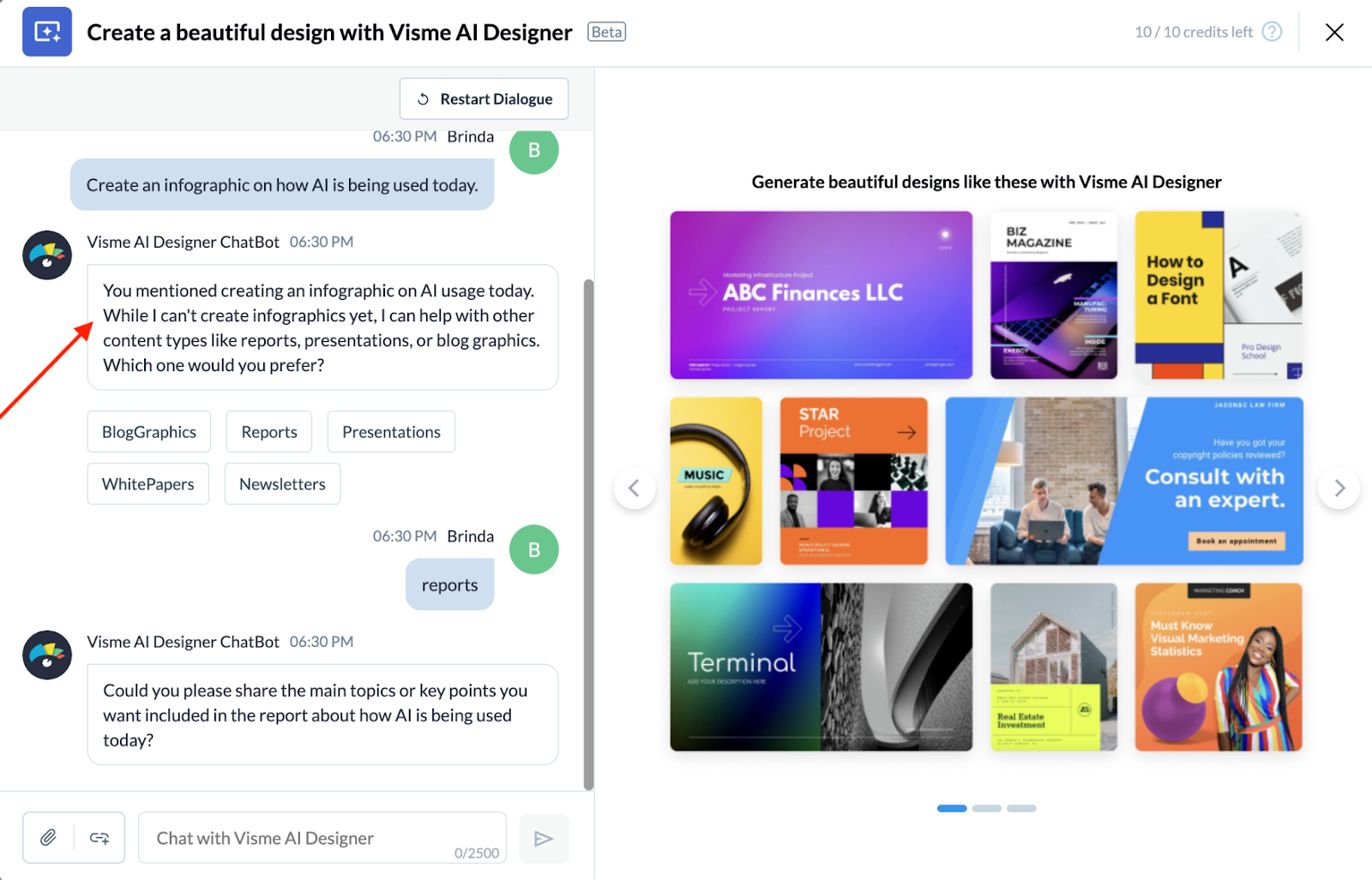 Viewing the Visme AI Designer Chatbot