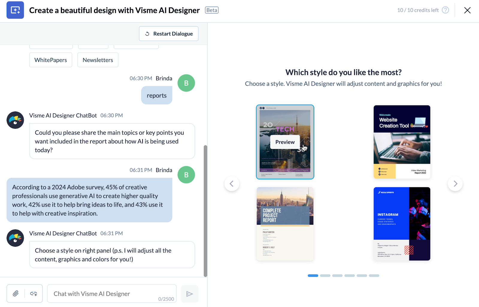 Writing a prompt to the Visme AI Designer Chatbot