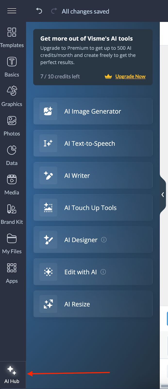 Clicking on the AI Hub option on Visme