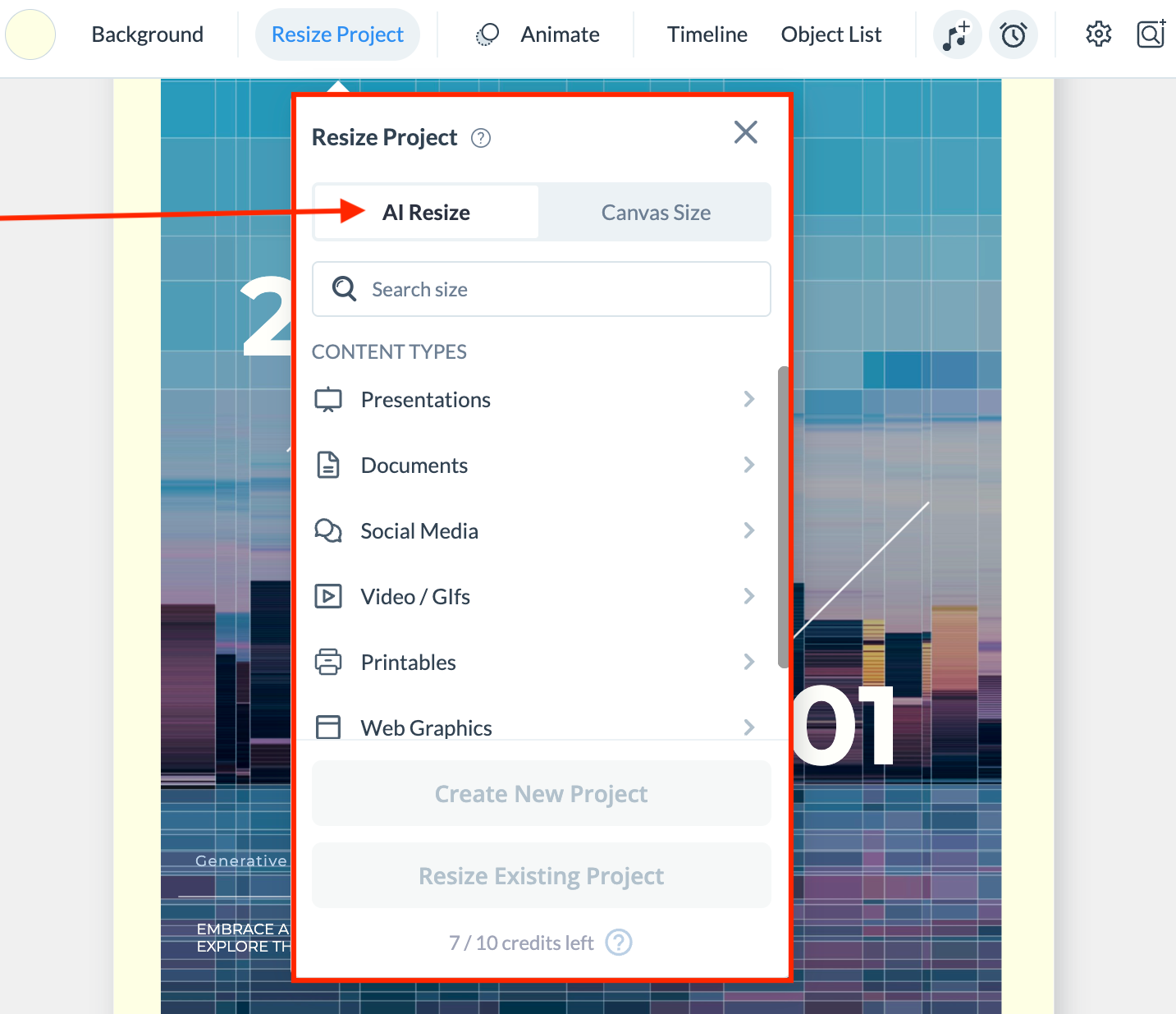 Clicking on the AI Resize option under the Resize Project window on Visme