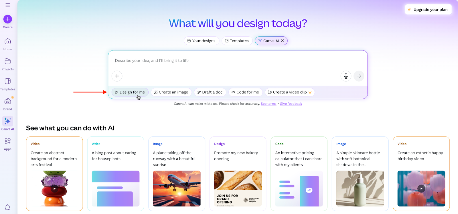 Clicking on the Design for me option on Canva landing page