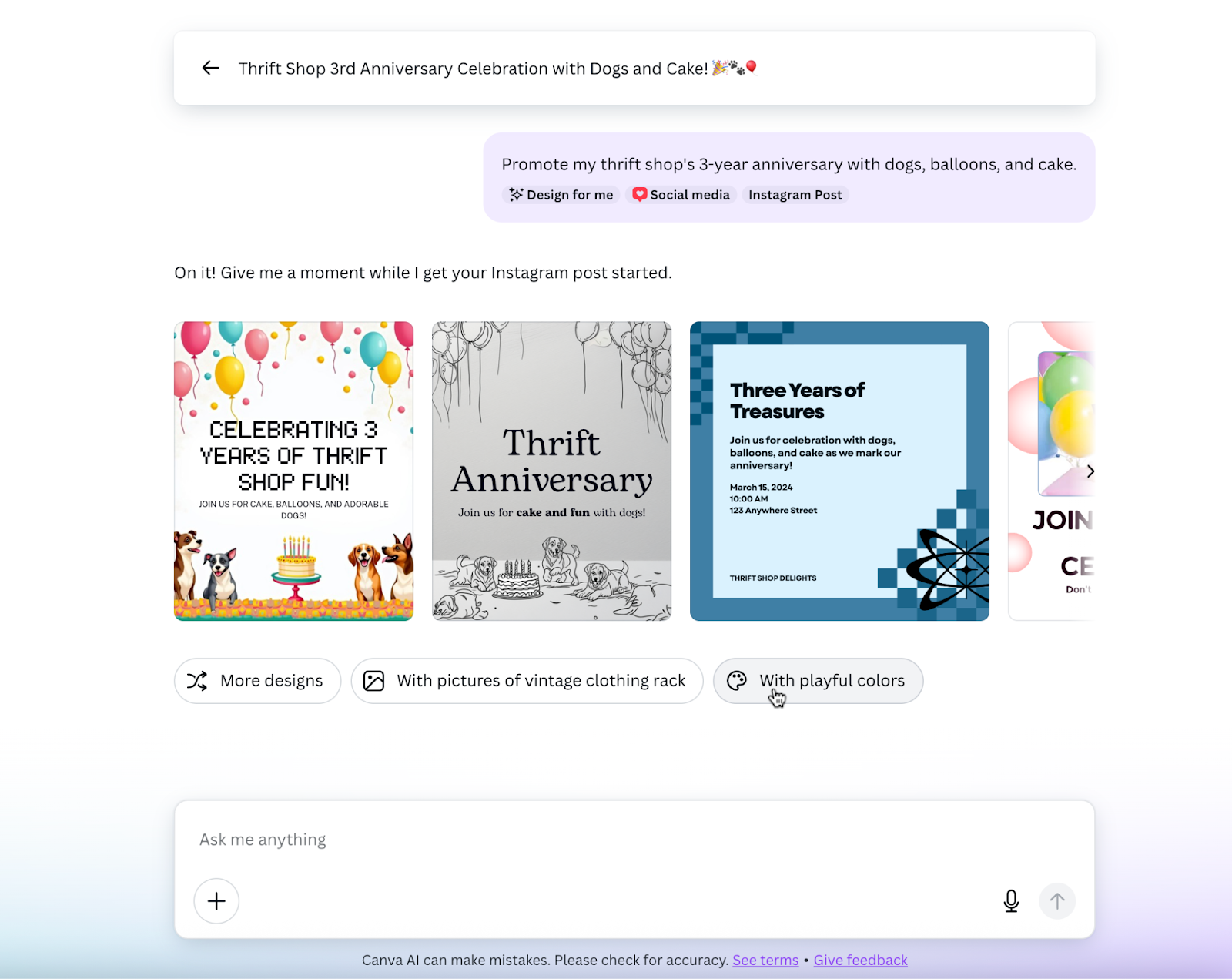 Viewing the conversation with the Canva AI