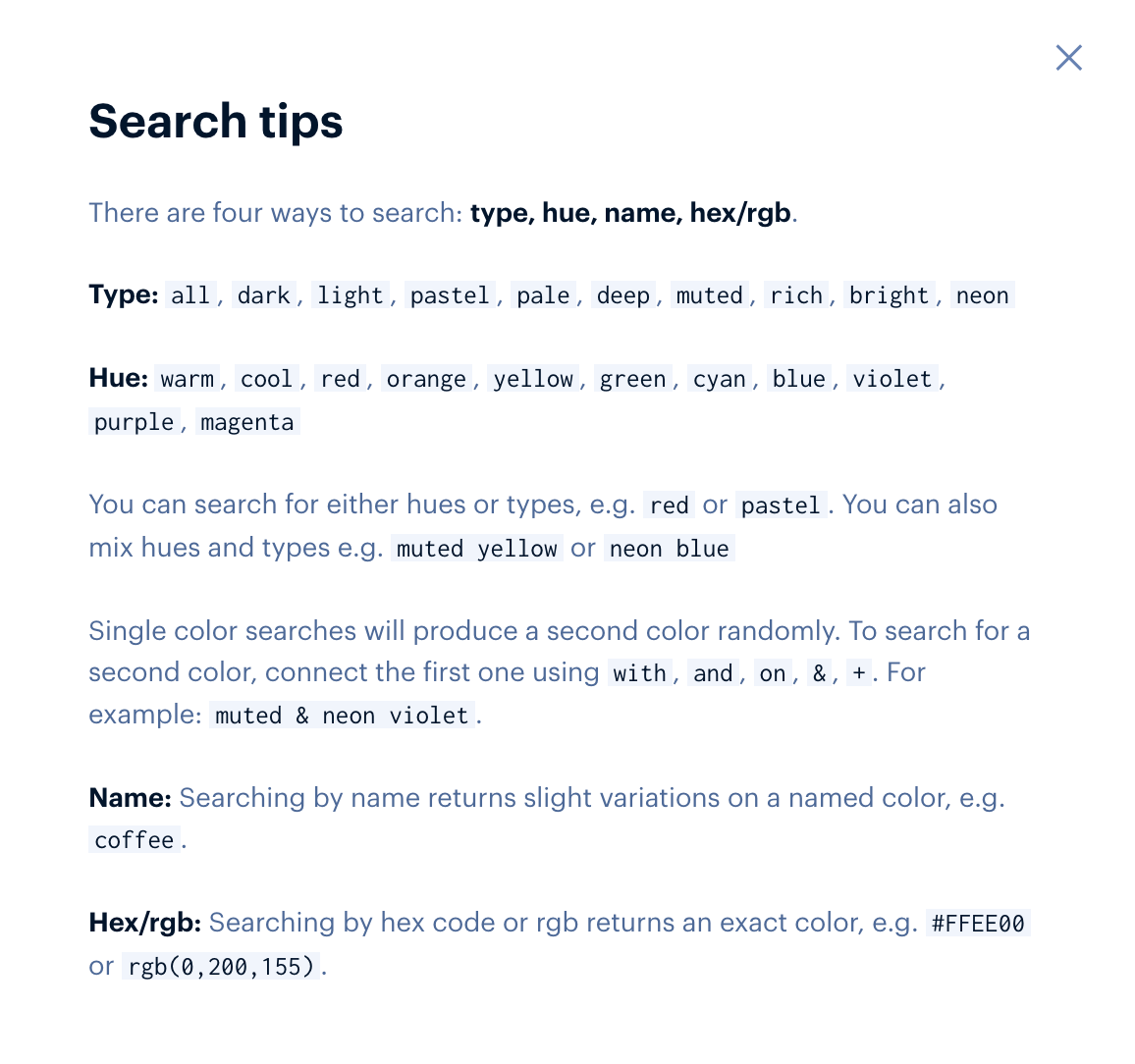 Viewing the search tips of Khroma