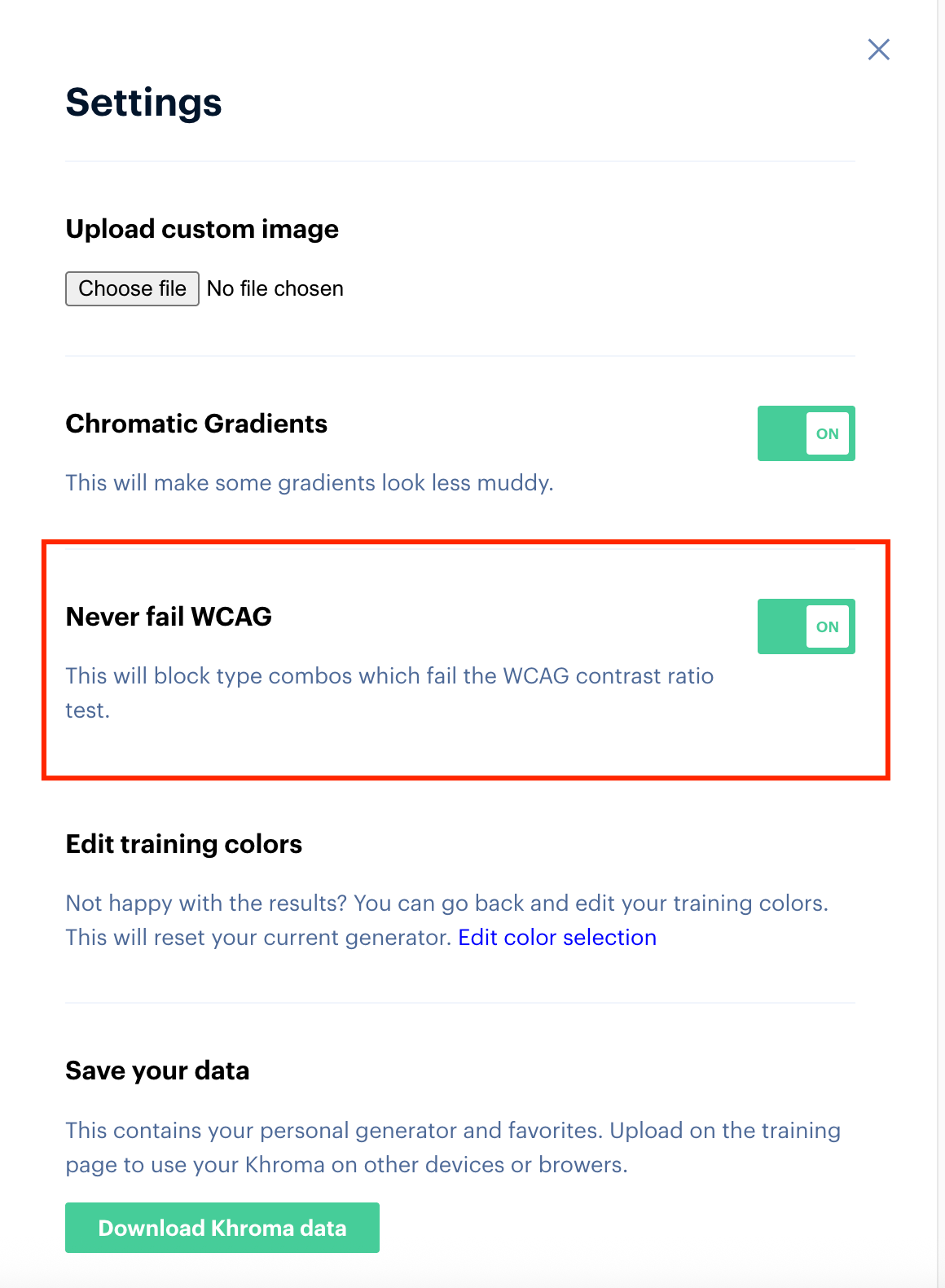 Viewing the Never fail WCAG toggle under the Settings