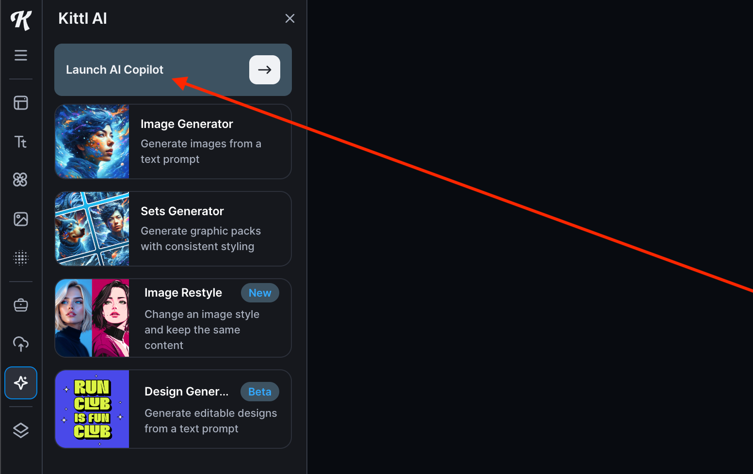 Clicking on the Launch AI Copilot button on Kittl AI