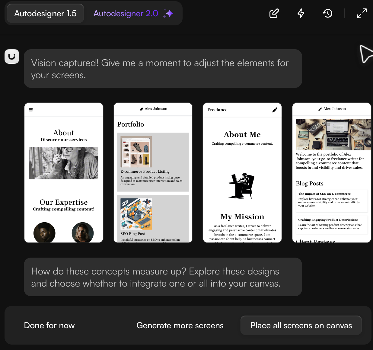 Viewing the screens to add to canvas on Uizard