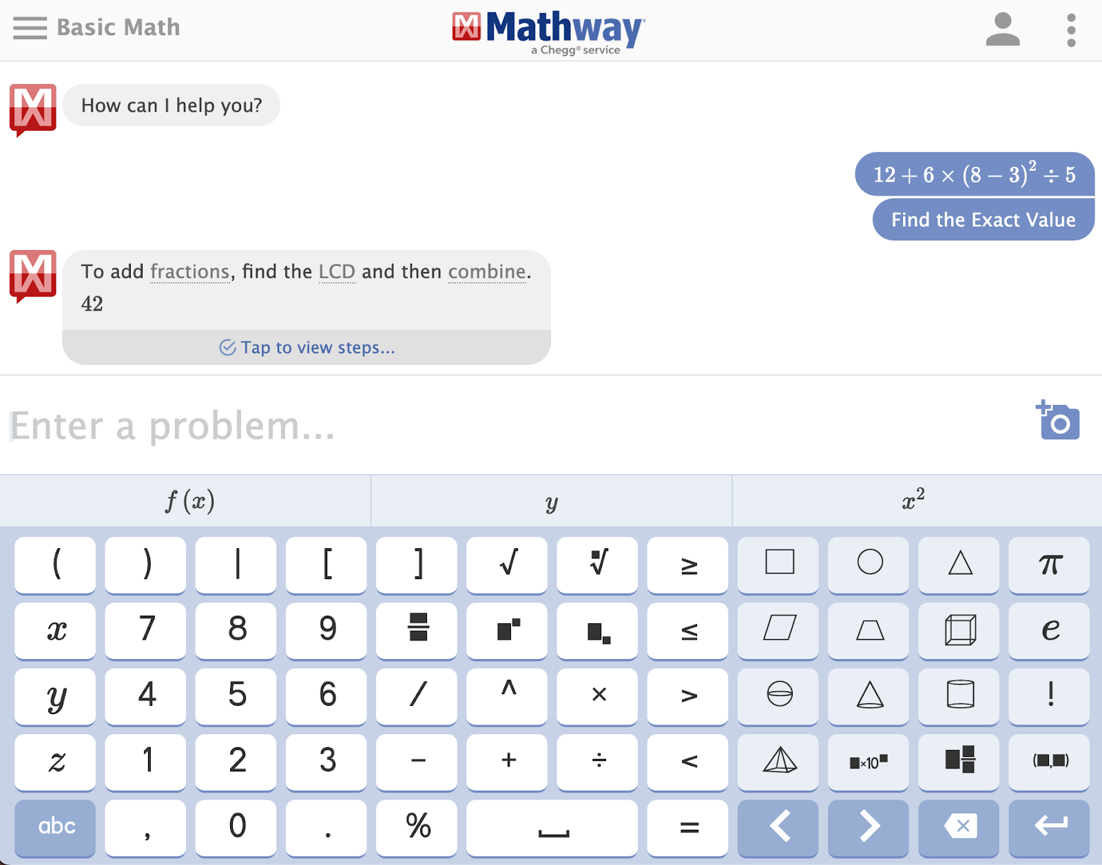 User Interface of Mathway
