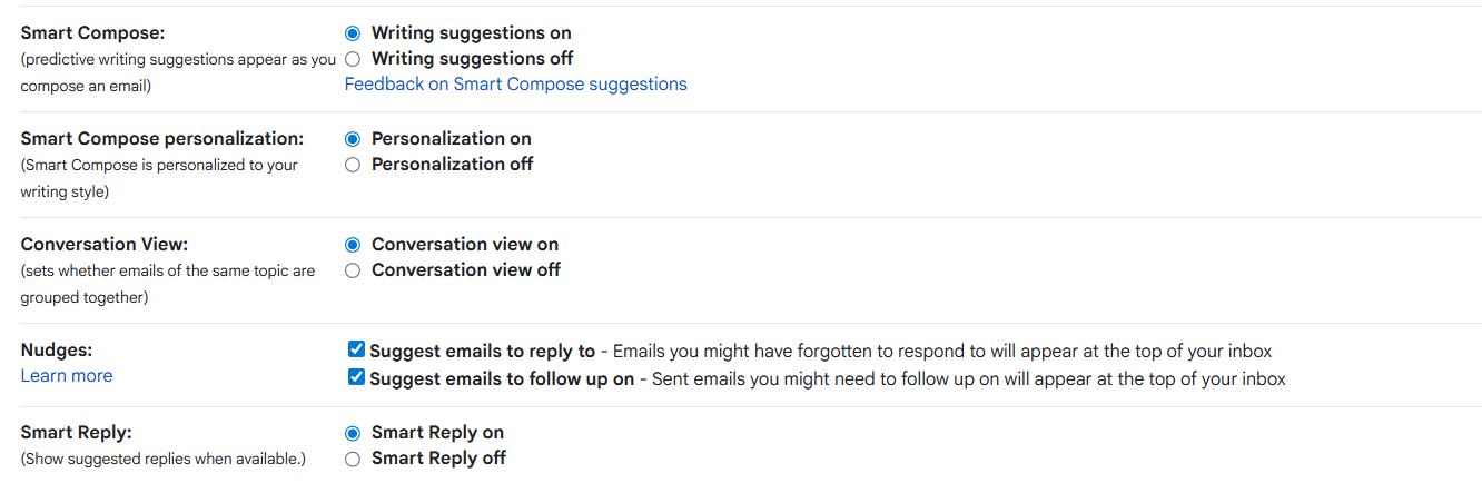 Smart Compose, Smart Reply, Nudges