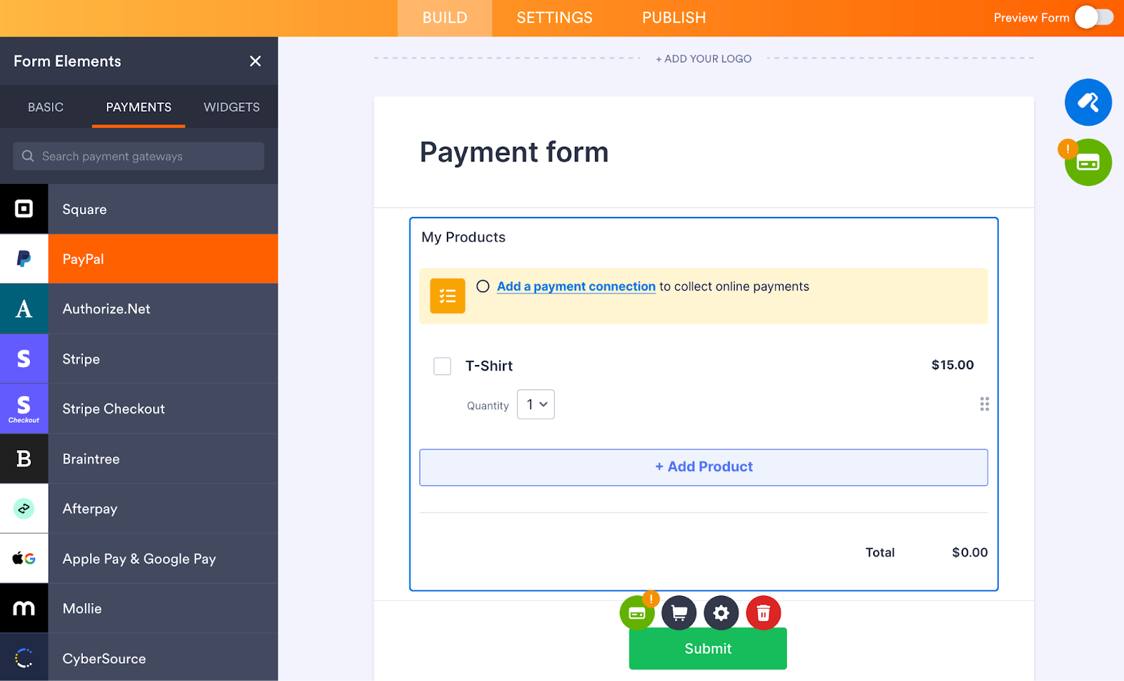 Selecting PayPal from the Payment options from the Jotform Form Builder
