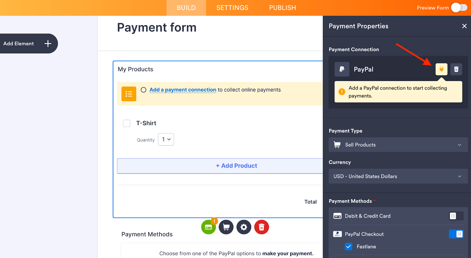 Clicking on the plug icon in the Payment Properties on the Jotform Form Builder