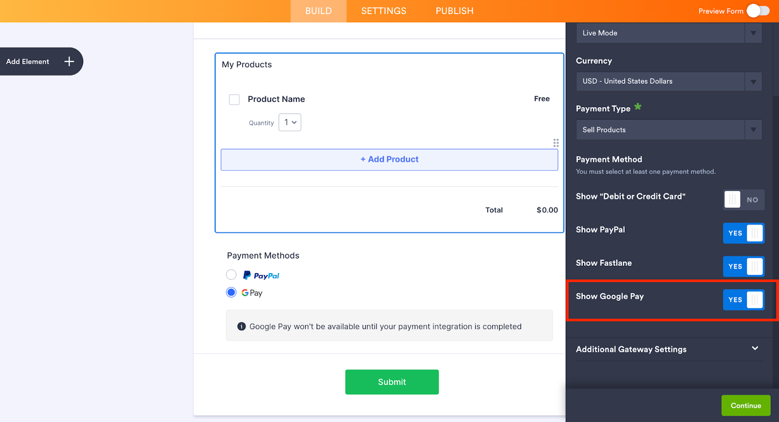 Toggling the Show Google Pay option to on on the Jotform Form Builder