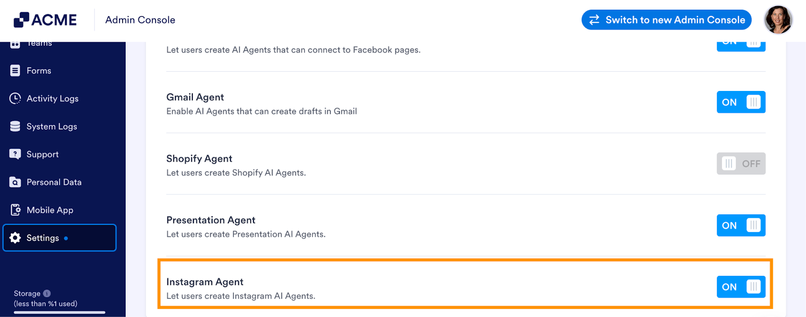 Toggling the Instagram Agent option to On on the Enterprise Admin Console