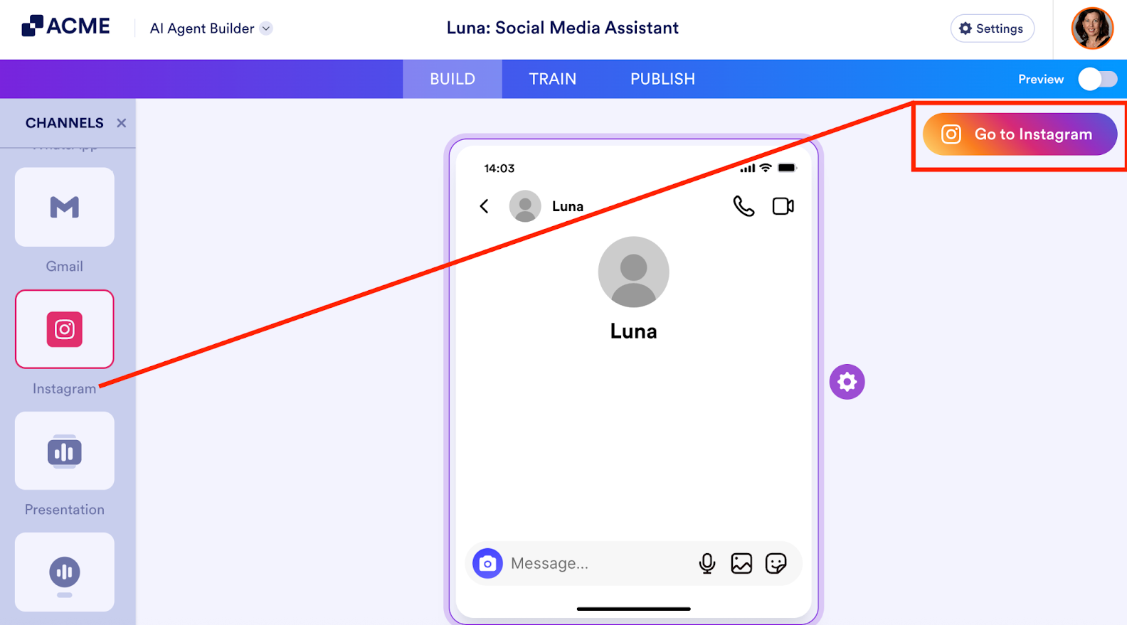 Clicking on the Go to Instagram button on the AI Agent Builder