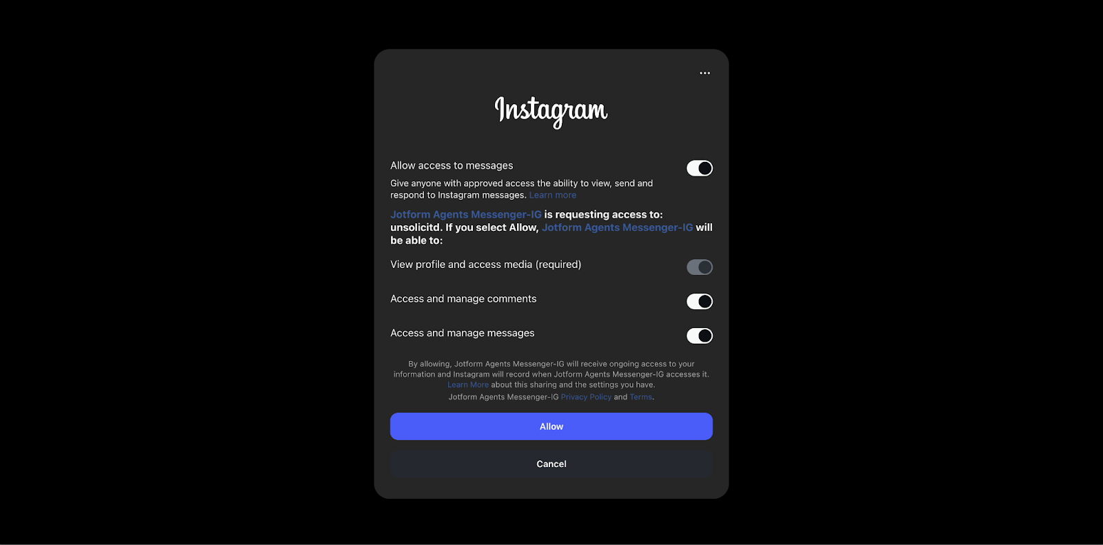 Clicking on the Log in with Instagram button in the Publish page
