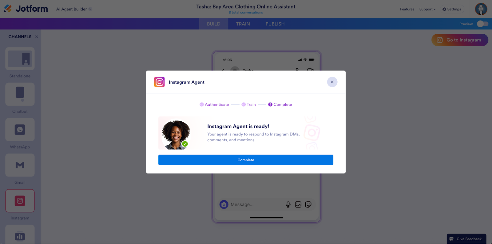 Instagram Agent window displaying the message "Instagram Agent is ready!" on the Jotform AI Agent Builder