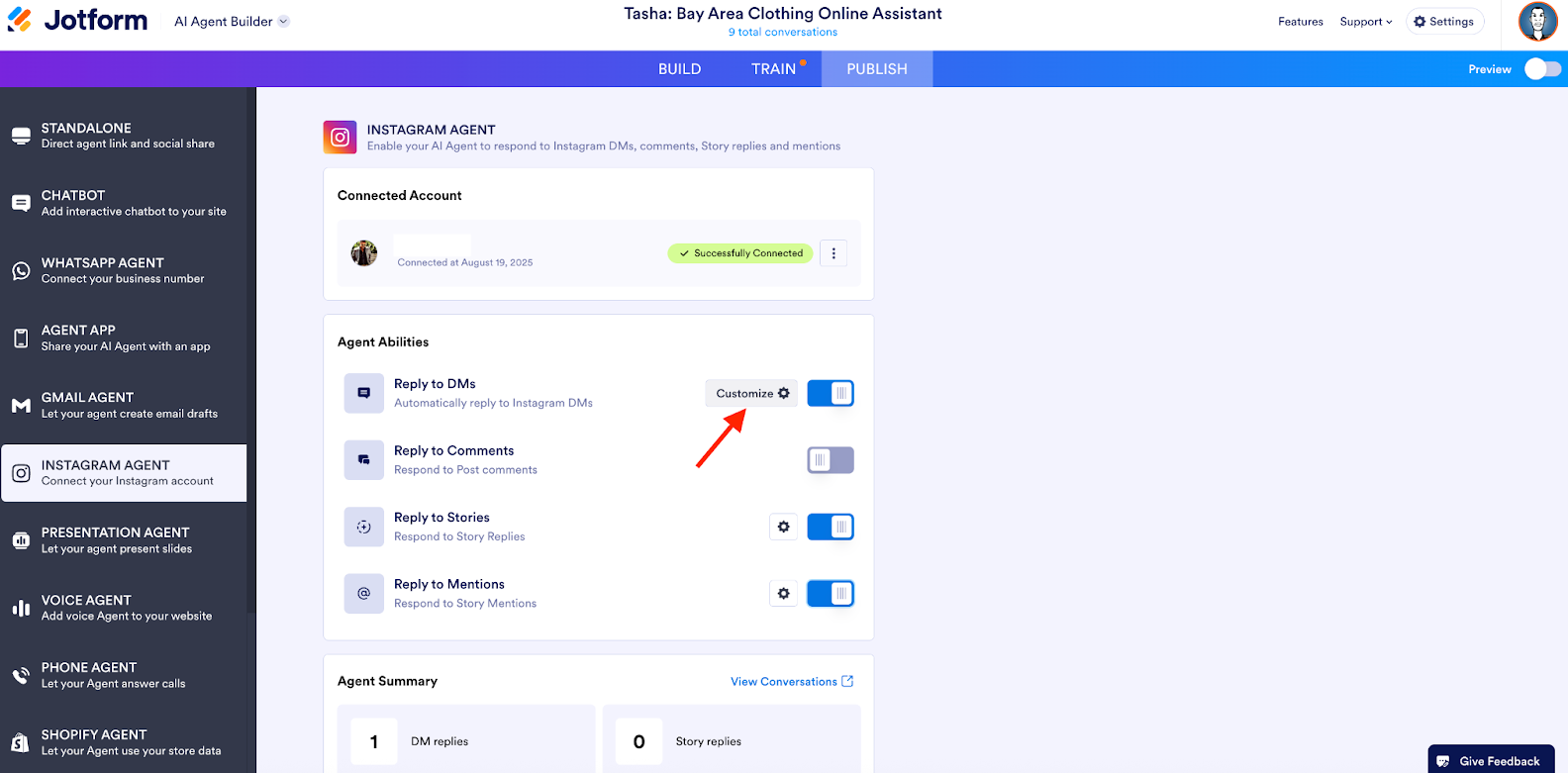Clicking on the Customize button next to Reply to DMs