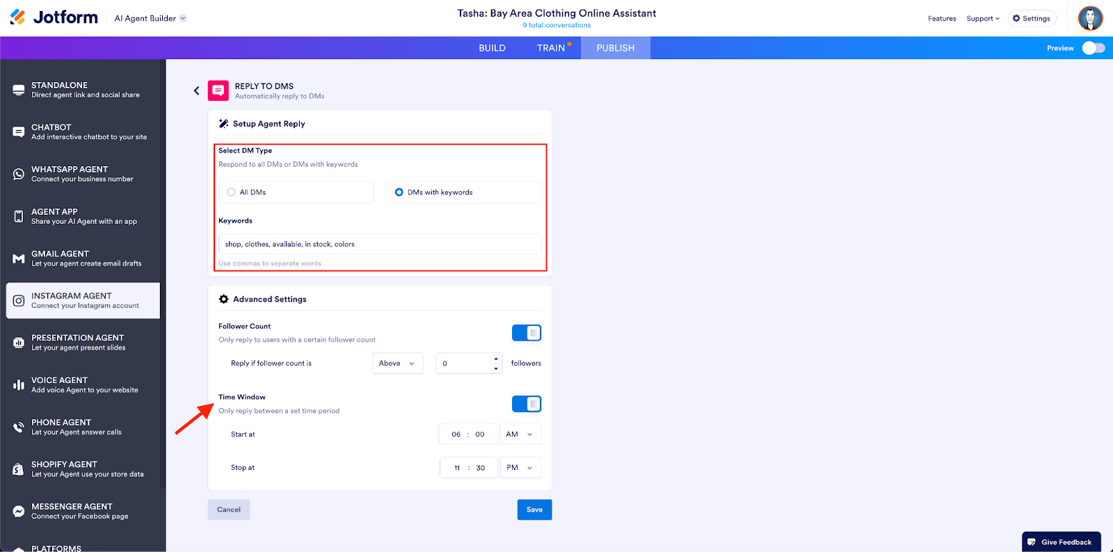 Highlighting the options under the Setup Agent Reply and the sub-heading Time Window