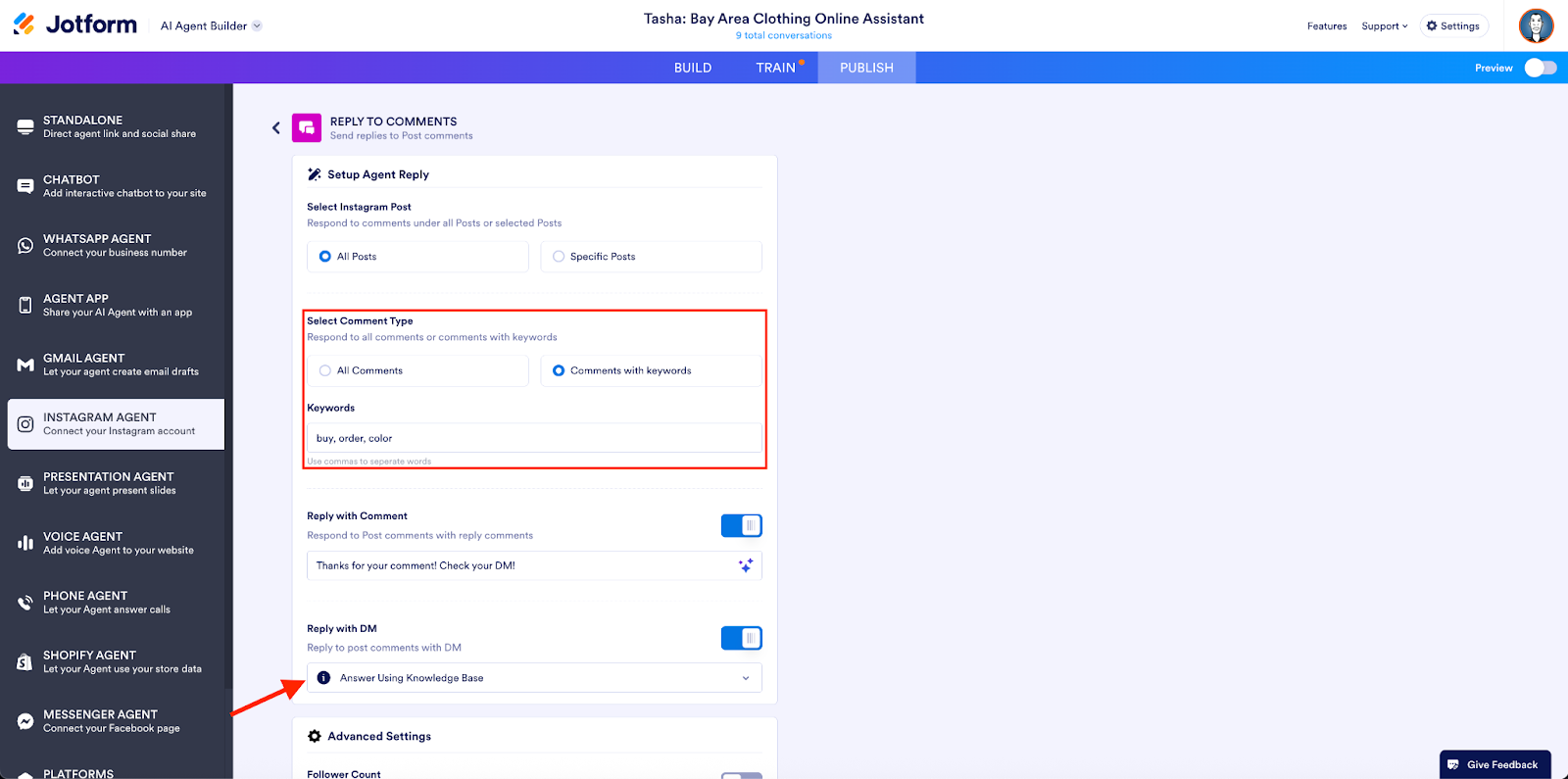 Highlighting the message under the Reply with DM option