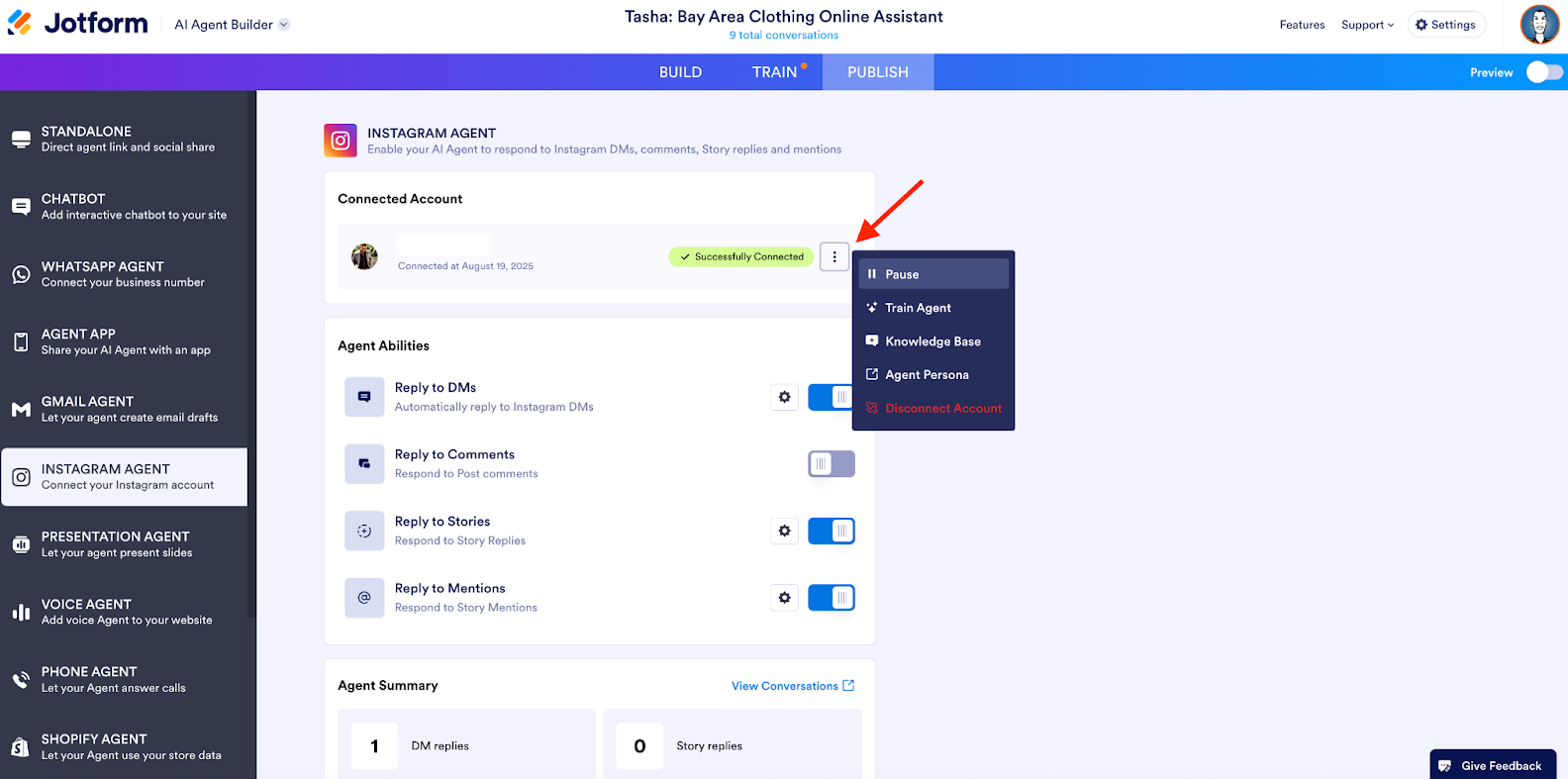 Clicking on the three-dots next to the connected account to the Instagram Agent