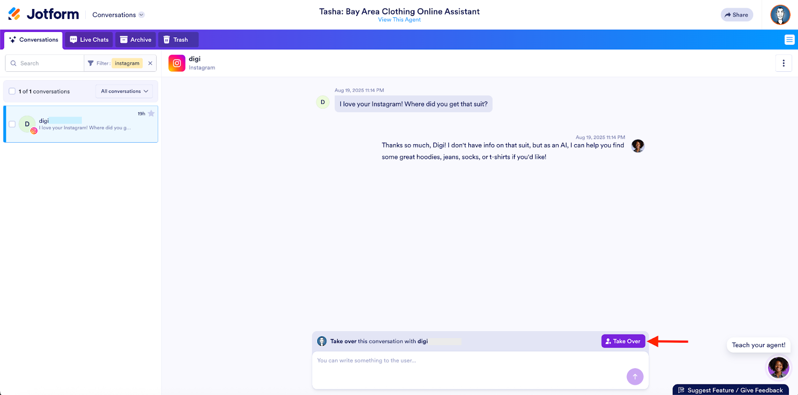 Clicking on the Take Over button on the Conversations page