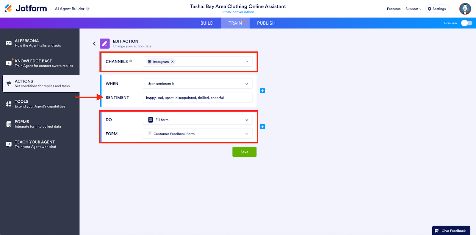 Highlighting the options under the Edit Action on the Actions tab