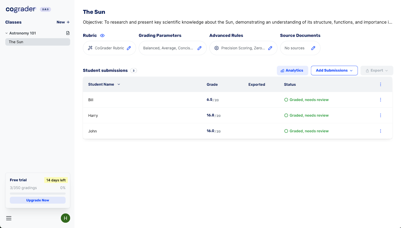 screenshot of CoGrader user interface