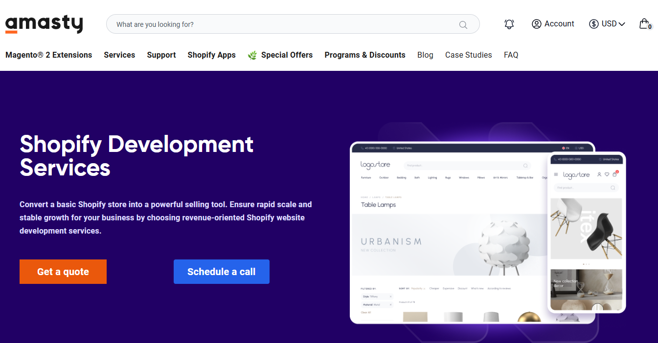Screenshot of the Amasty landing page, showing a headline "Shopify Development Services"