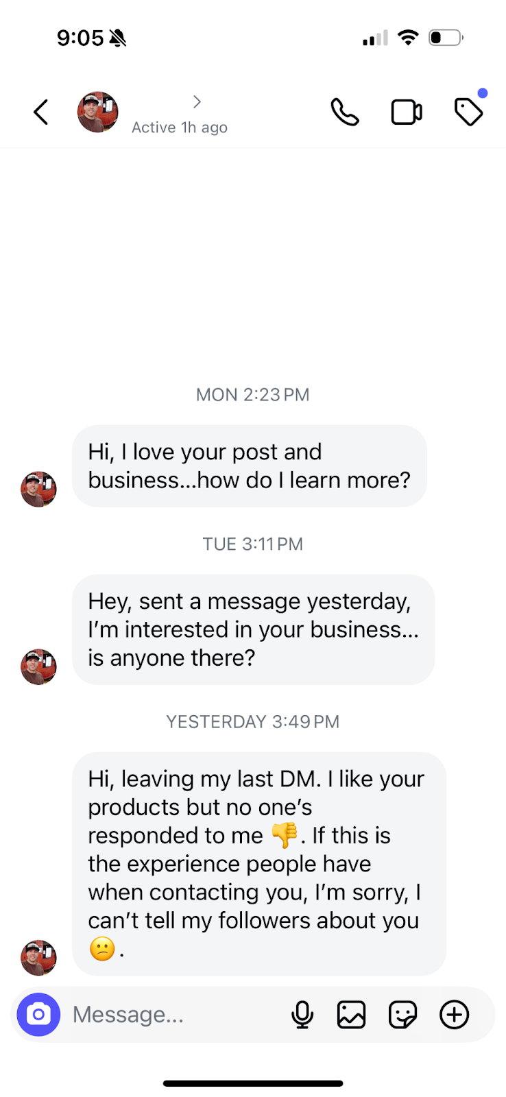 A customer sending DMs to a brand on Instagram and not getting a response