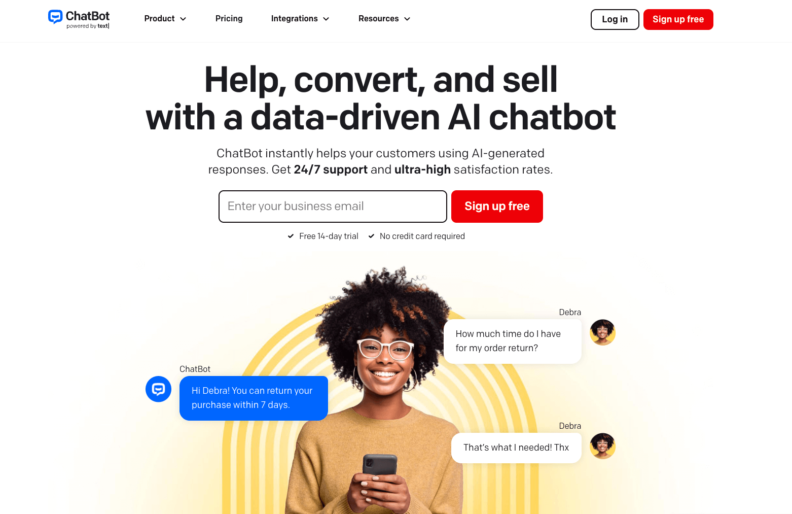 image of chatbot website homepage with the words help convert and sell with a data driven AI chatbot