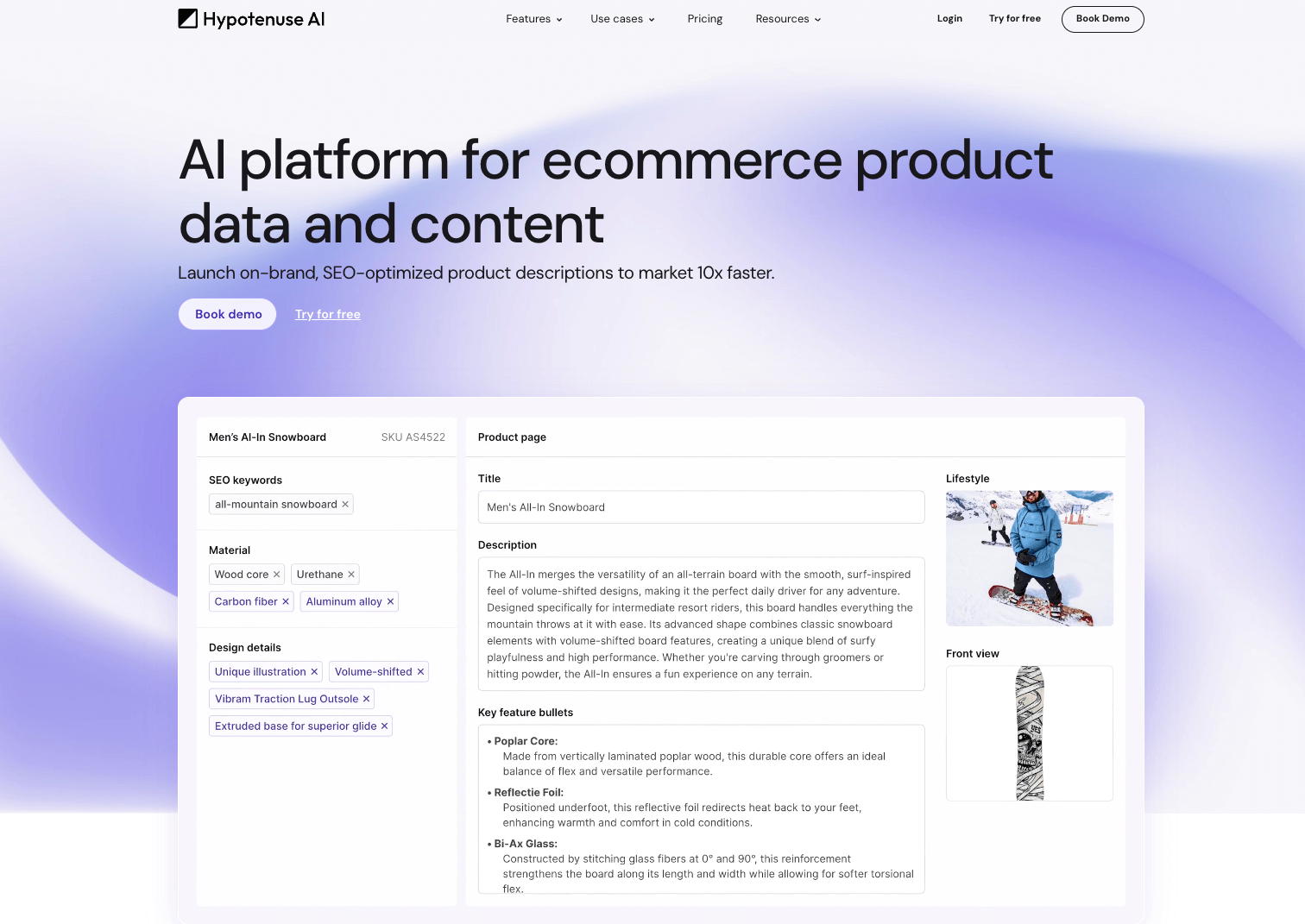 screenshot of hypotenuse AI the AI platform for ecommerce product data and content