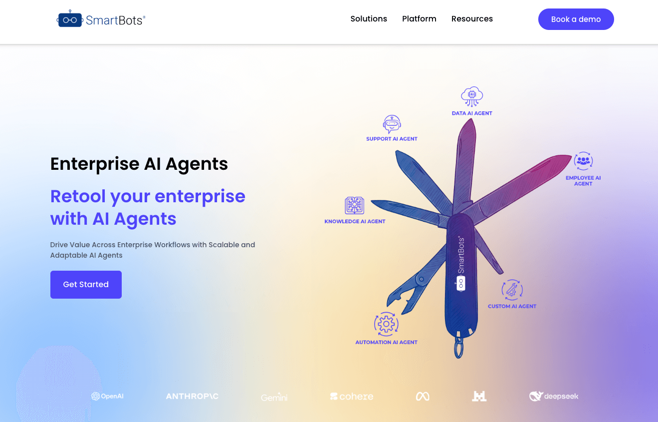 image of smartbots homepage with the words retool your enterprise with AI agents