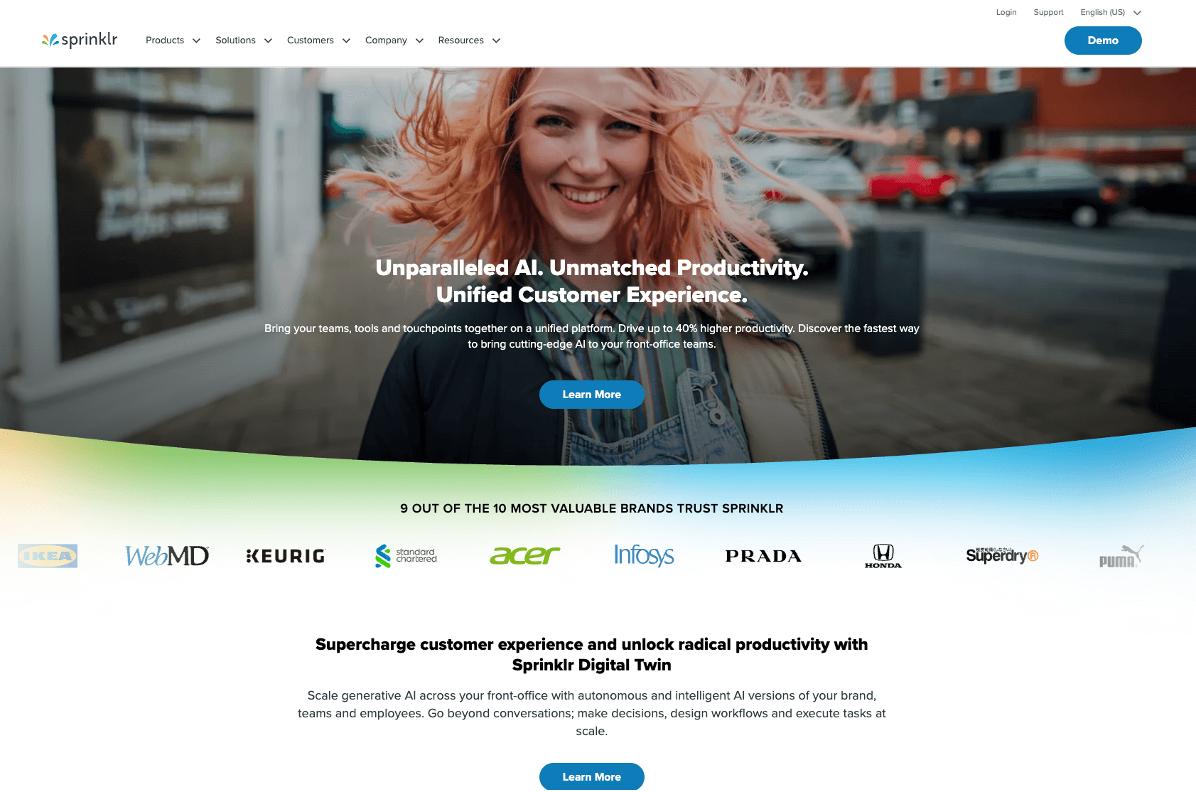 image of sprinklr website homepage unparalleled AI unmatched productivity unified customer experience