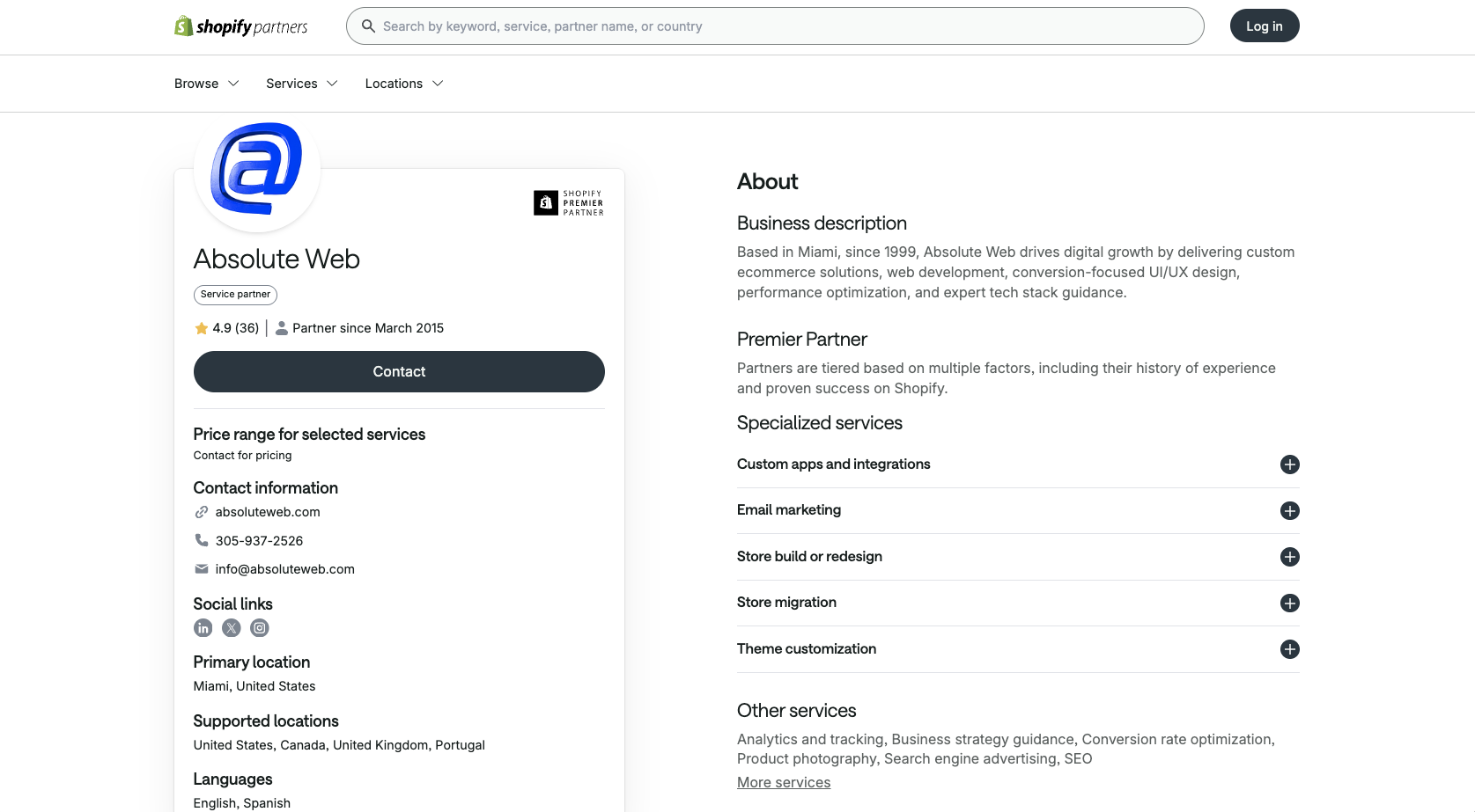 Listing of Absolute Web in Shopify Partner Directory