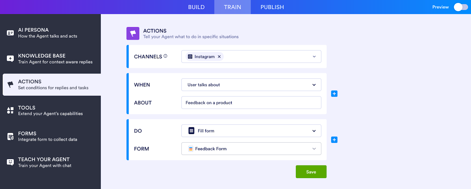 Viewing the Actions tab on the Train page