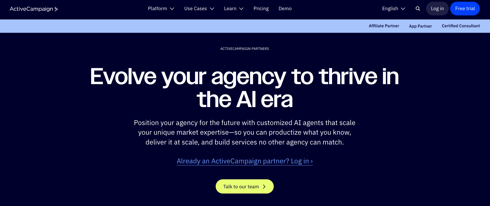 ActiveCampaign agency partner program landing page with the words evolve your agency to thrive in the AI era