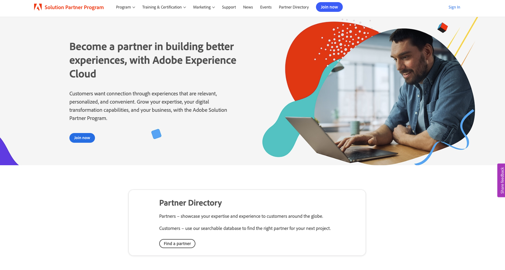 Adobe solutions program landing page screenshot saying become a partner in building better experiences, with adobe experience cloud