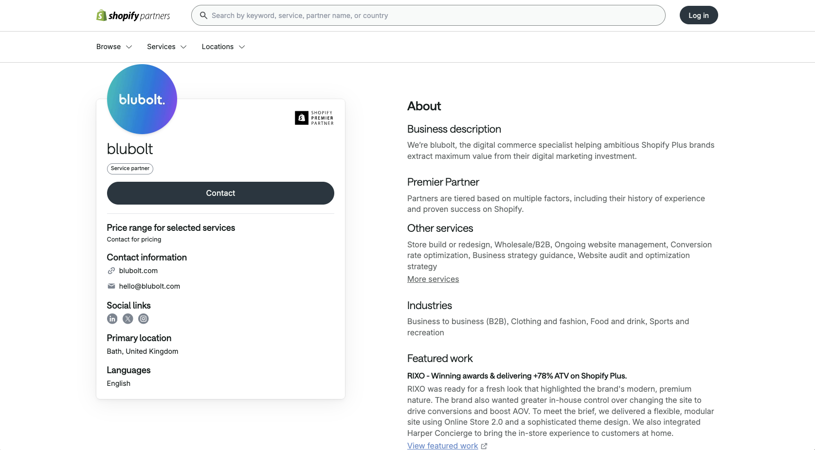 Listing of blubolt on Shopify Partner Directory