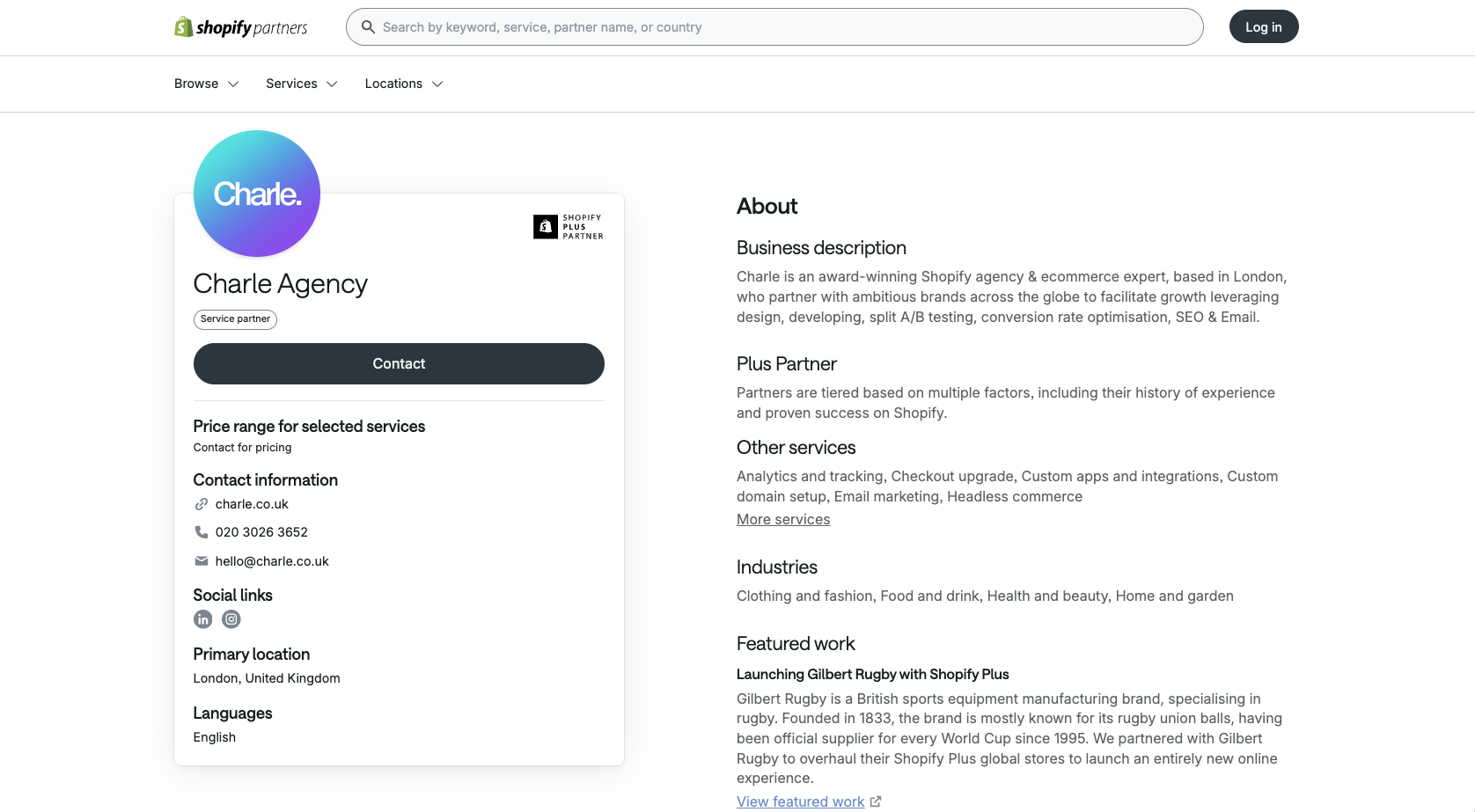 Listing of Charle Agency on the Shopify Partner Directory