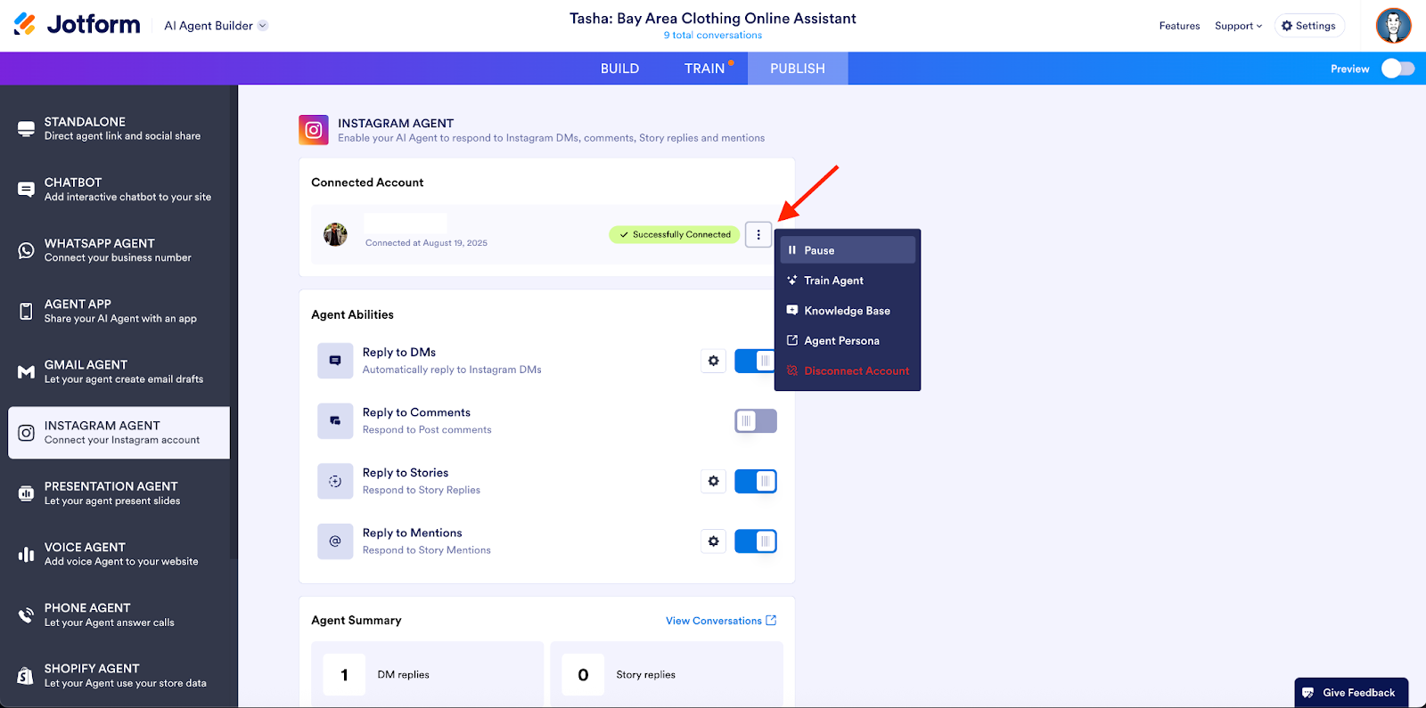 Clicking on the Connected Account options on the Instagram Agent page