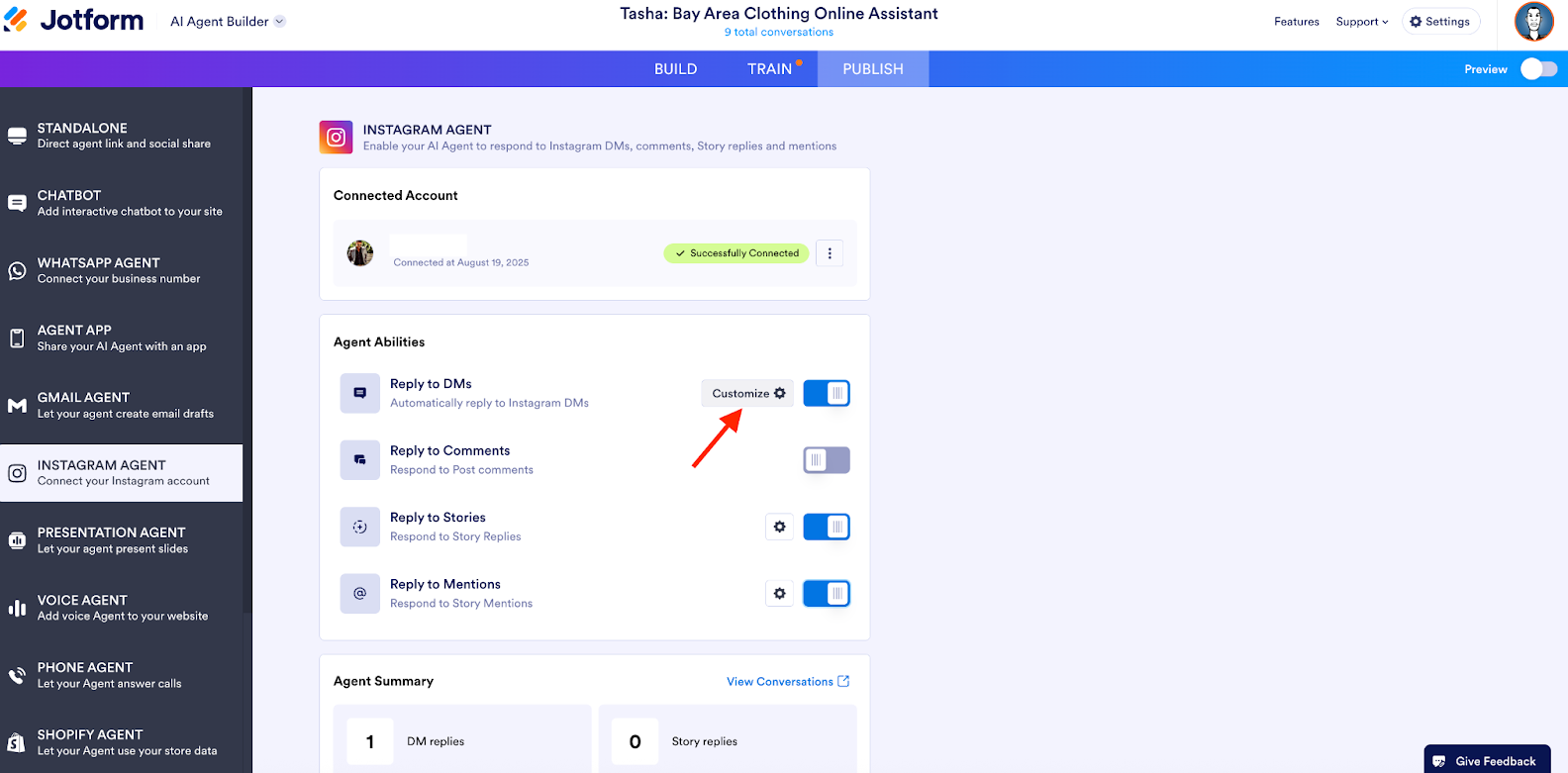 Clicking on the Customize button on the Agent Abilities section