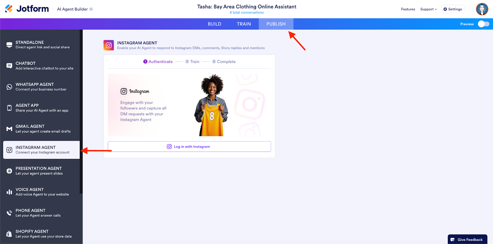 Clicking on the Publish tab and then the Instagram Agent option on the Jotform AI Agent Builder