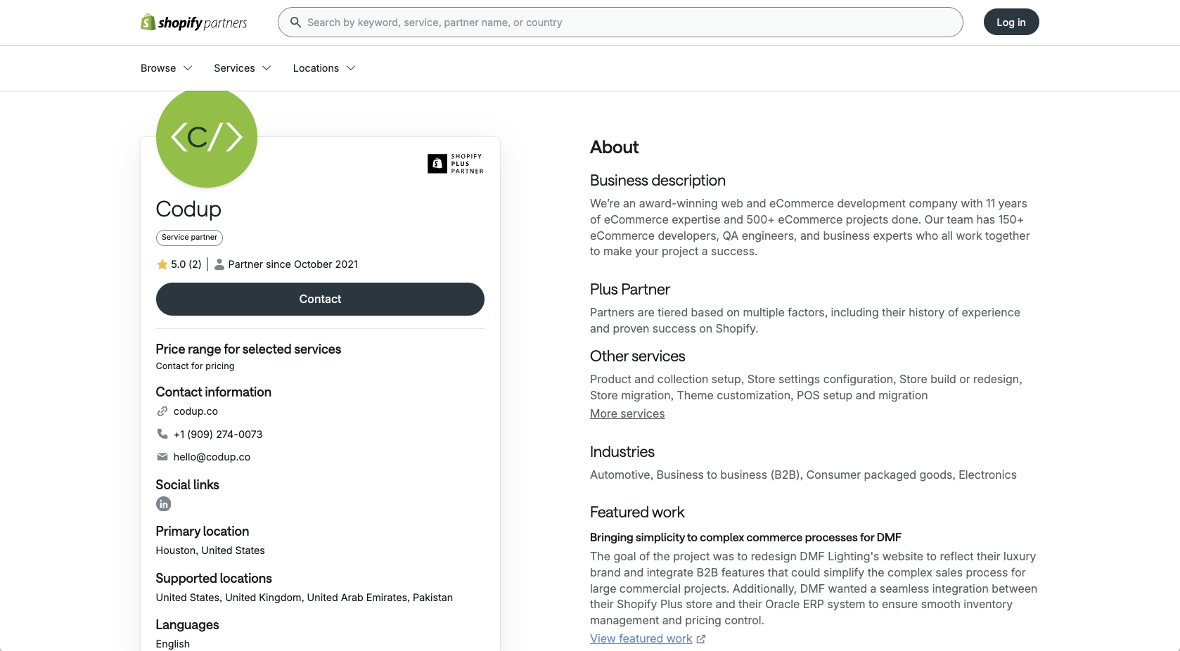 Listing of Codup on the Shopify Partner Directory