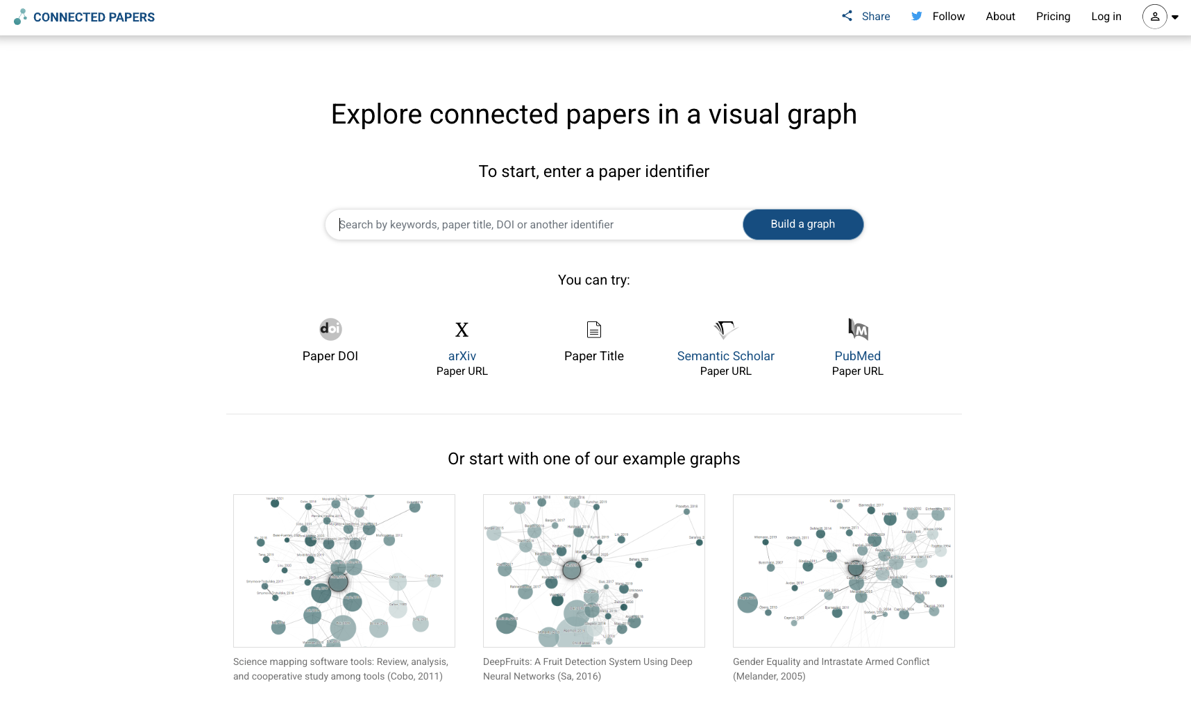screenshot of connected papers homepage with the words explore connected papers in a visual graph