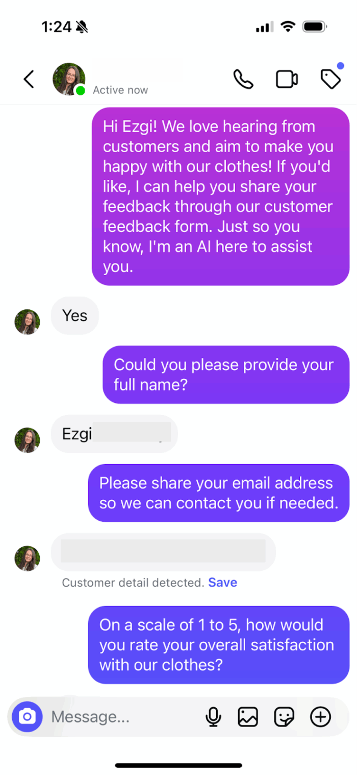 Viewing the conversation with a customer on Instagram messages