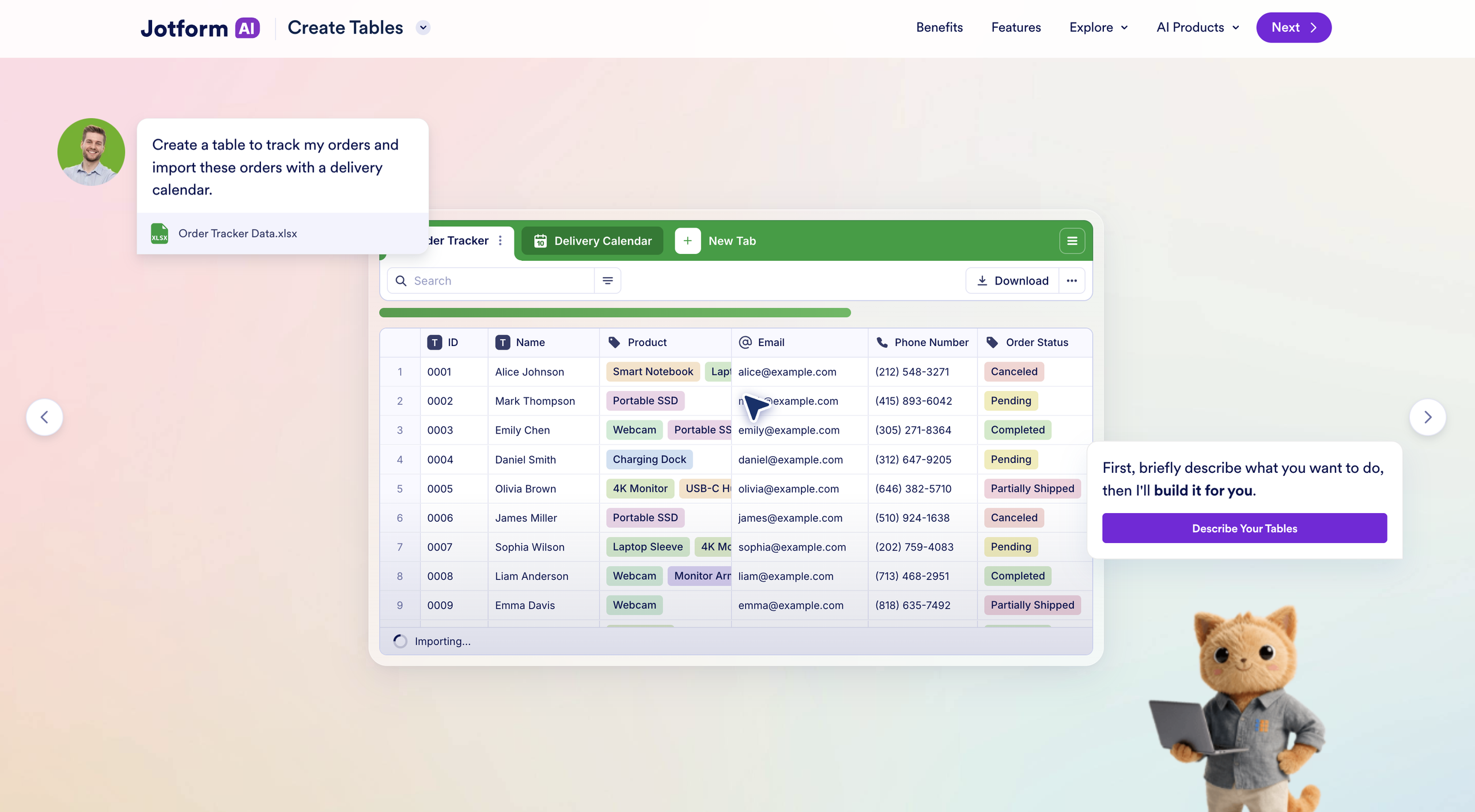 Building a table to track orders in Jotform AI Data Assistant