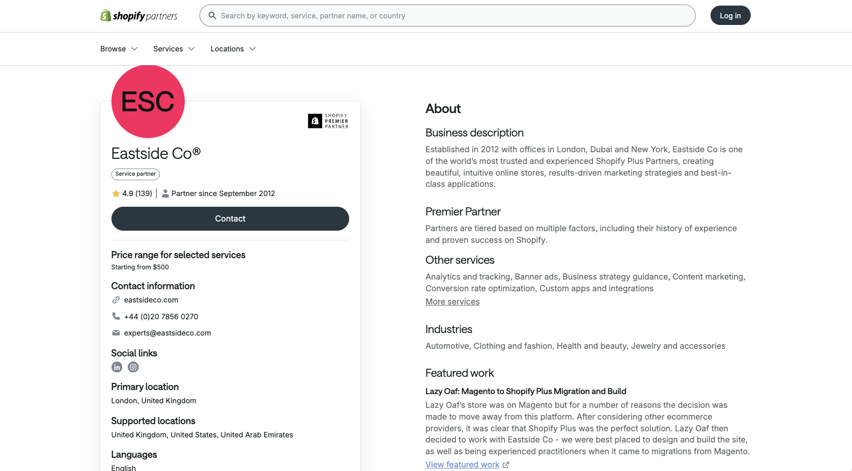 Listing of Eastside Co on Shopify Partner Directory