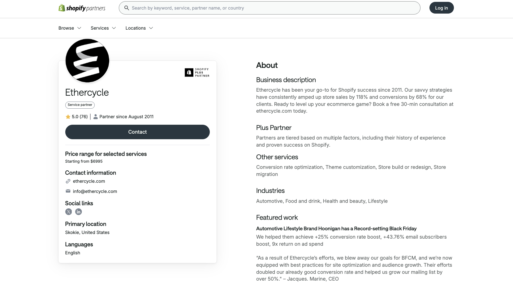 Listing of Ethercycle on Shopify Partner Directory