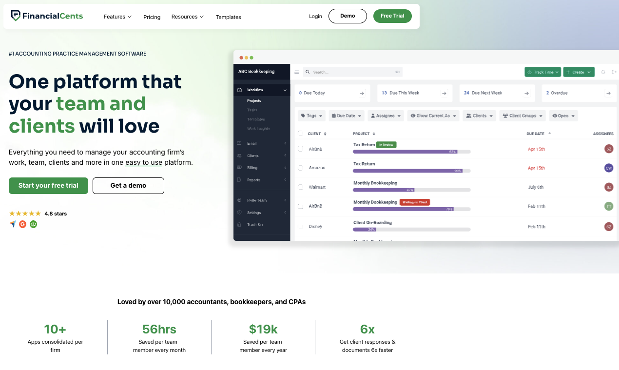 screenshot of financial cents' website homepage with the words one platform that your team and clients will love