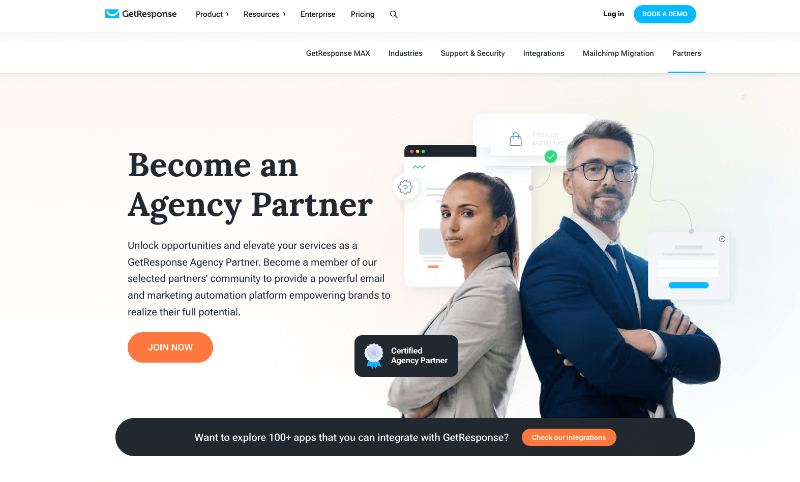 screenshot of getresponse agency partner program landing page with the words unlock opportunities and elevate your services as a GetResponse agency partner