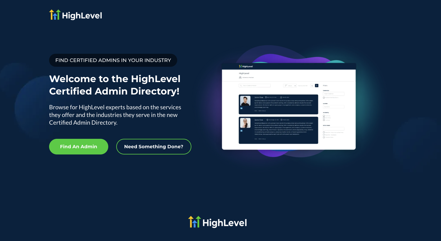 highlevel partner program landing page saying welcome to the highlevel certified admin directory